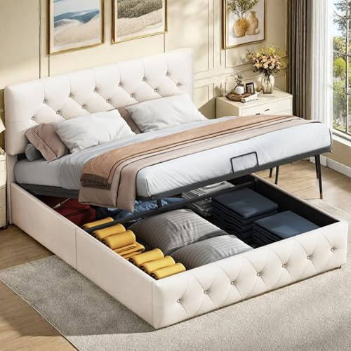 OLIVIBED Polsterbett 140x200, Doppelbett mit Höhenverstellbares Kopfteil & Bettkasten, Stauraumbett mit Lattenrost, Jugendbett Bettgestell aus Holz, Samt, Beige, Ohne Matratze