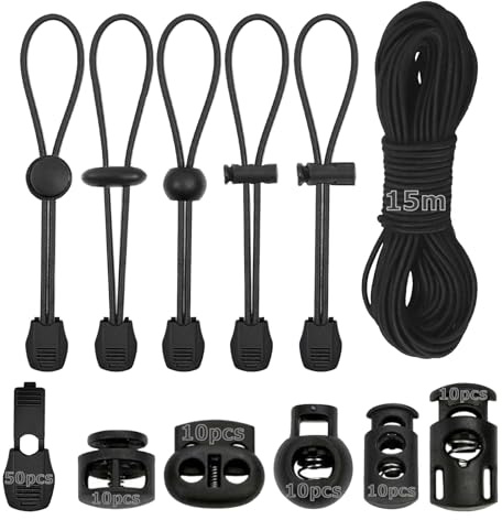 PDKKFF 15M Elastische Gummischnur 3mm, Gummiband Rund Schnur mit Stopper | Gummizugband mit 50 Kordelstopper 50 Kordelklemme, Schwarz Gummikordel für Kordelzug Rucksack Bekleidung Wäscheleinen Zelte