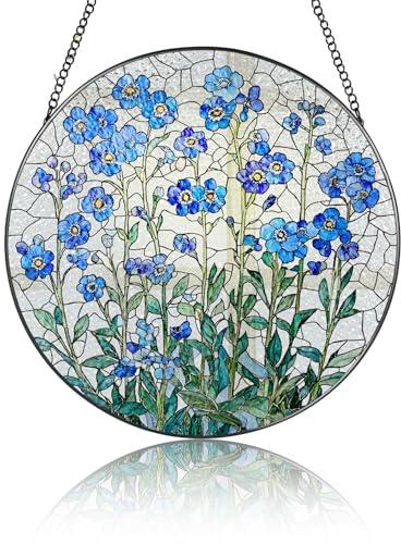Vergissmeinnicht Sonnenfänger, Glas Fensterdeko Hängend, Gartendeko für Draußen Wetterfest, Home Decoration für Wohnzimmer, Balkon, Gartendeko, Suncatcher Geschenke für Freunde, Partner, 20x20cm