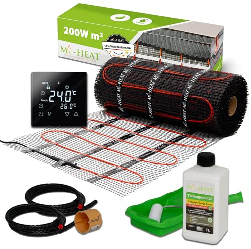 Mi-Heat Elektrische Fußbodenheizung 200W/m² 12,0m² Set - Bodenheizung elektrisch einfache Verlegung Renovierung Installation & Bau - mit Thermostat C17 digital schwarz