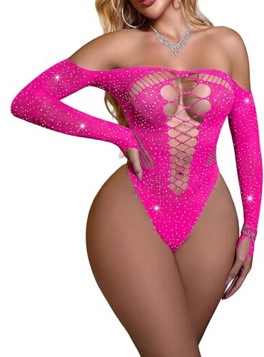 Eagerlove Body Sexy à Strass pour Femme Lingerie Résille Découpée Brillante Tenue Rave Scintillante en Maille