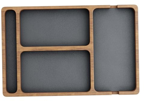 Wooden Valet Tray with Leather Inlay, Compartment Night Stand Organizer for Keys Phone Wallet, Catch All Tray for Men Women