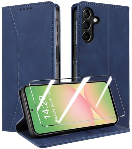 QHOHQ Handyhülle für Samsung Galaxy A57 5G Hülle mit Panzer Glas, Premium Leder Schutzhülle, [RFID Blockierung], Magnet Klappbar Flip Case Tasche, Multifunktional, Stoßfest-Tiefblau