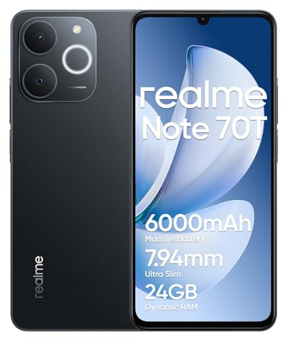 realme Note 70T Smartphone 4+64 Go, Batterie da 6000 mAh, Ricarica rapida da 15W Con carica inversa da 6W, 24 GB di RAM dinamica, Display Con Comfort visivo da 90Hz, Noir