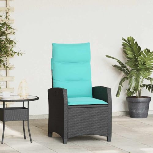 ULUYYUC Garten-Relaxsessel Poly-Rattan verstellbar Schwarz mit Türkis-Kissen 65x58x94 cm robust wetterfest inkl Beistelltisch für Balkon Terrasse Camping