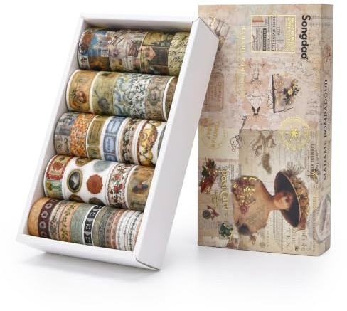 FDHBDF 36 Rollen Vintage Washi Tape Set, Vintage Deko Klebeband mit Altzeitung Briefmarke Blumen Motiven, Dekoratives Masking Tape für Scrapbooking Junk Journal DIY Bullet Journal