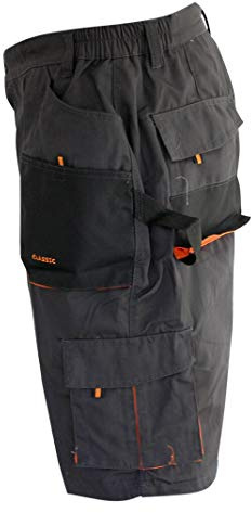 ART MAS Classic Men's Trade Summer Protective Short Work Pants for Men Safety Shorts Elasticated Waist (30W / S / EU46, Dark Grey with Orange Inserts)