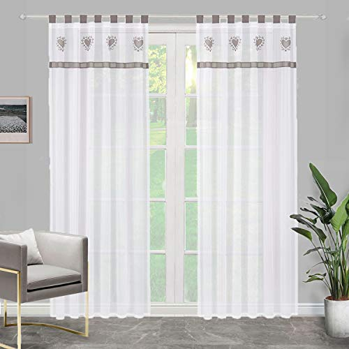 SIMPVALE 2er Set Vorhänge mit Schlaufen - Gardine Voile mit süßem Herz Stickerei - Fensterbehandlung für Schlafzimmer Wohnzimmer Kinderzimmer Balkon, Grau, 140x225cm