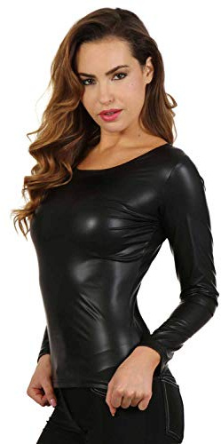 MISS NOIR Women's Leather Look Long Sleeve Shirt - Sexy Wetlook Crew Neck Top Clubwear Party, Black (9264-2), L