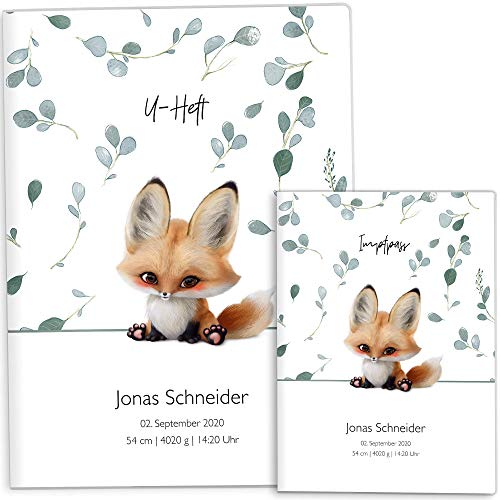 OLGS U-Heft und Impfpasshülle Set | Fuchs Eukalyptus Untersuchungsheft Hülle & Impfpass Hülle | personalisiertes Geschenk, Babygeschenke zur Geburt - Uhefthülle, Impfpasshülle personalisiert