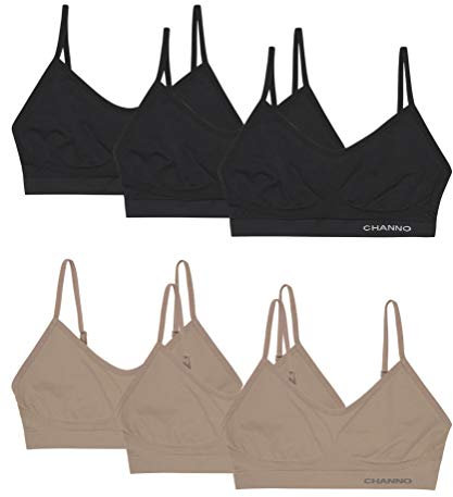 Channo Sujetadores Invisibles sin Costuras, sin Aros ni Relleno, Hechos de Licra con Tirantes Ajustables - Pack de 6, Negro/Vison, S/M