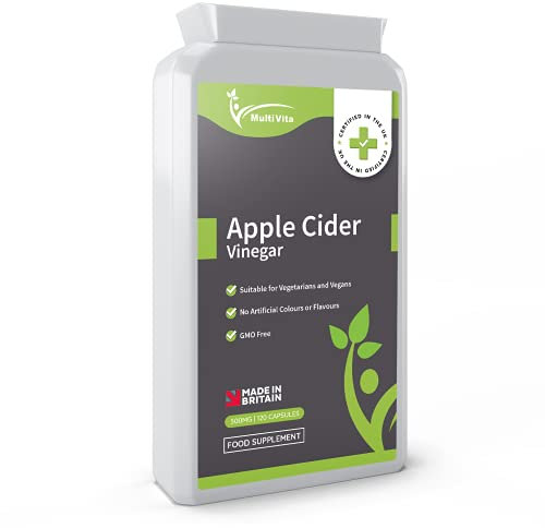 Multivita Apple Cider Vinegar 120 x 500mg Vegan Capsules – Premium Quality Supplement Rich in Acetic Acid and Pectins – No Additives or GMOs – UK Manufactured