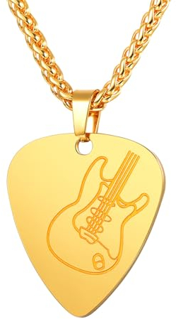 U7 Gitarre Halskette Gold Anhänger für Jungen Plektron Kette Edelstahl Plektrum Goldkette Musik Pendant Necklace Bass Kettenanhänger Hip Hop Personalisiert Modeschmuck für Valentinstag Vatertag