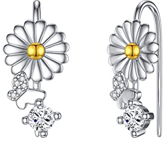 Gänseblümchen Ohrklemme 925 Sterling Silber Zirkon Ohrkletterer Ohrringe Fallen Hängend Ohrringe Blumen Ear Cuff für Damen Mädchen Knorpel Schmuck…