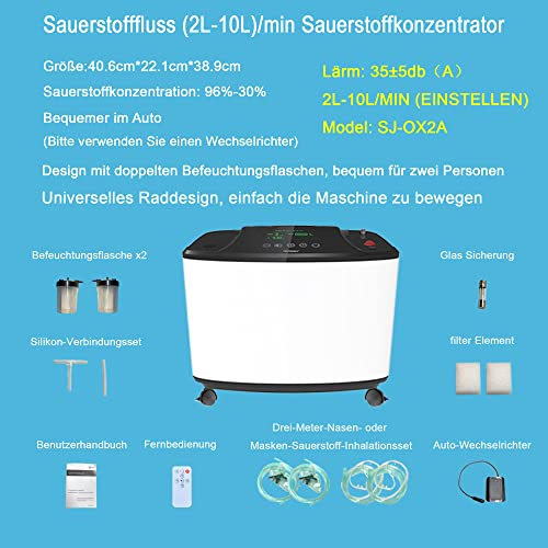 HIDGEEM Concentratore di ossigeno portatile 2-10L/min Concentratore di ossigeno portatile a casa, auto e viaggi