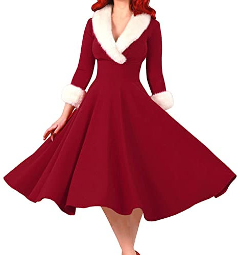 Générique Robe Noël Femme Hiver Vintage Années 50 Pin Up Chic Elegante Avec Coutures en Fourrure Col en V épaule Imprimer De Soirée évasée (Rouge, XL)