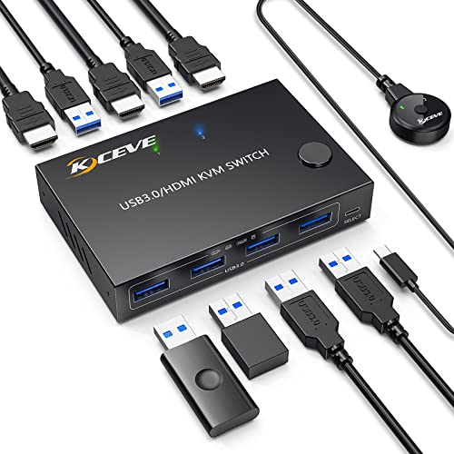 USB 3.0 KVM Switch, KCEVE KVM HDMI Umschalter für 2 Computer, unterstützt 4K @ 60Hz Auflösung für 2 PC Share Maus, Tastatur und Monitor