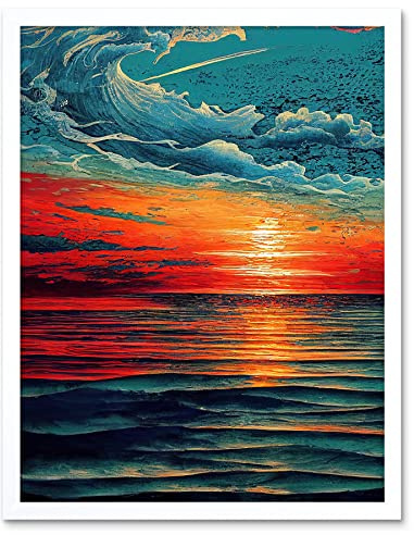 Artery8 Seascape Scarlet Sunrise Fiery Horizon Clouds Art Print Framed Poster Wall Decor 12x16 inch