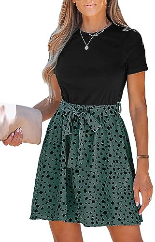 CUPSHE Damen Sommerkleid Rundhals Kurzarm Taillenschnürung Leoparden T Shirt Kleid Freizeitkleider Tunika Mini Dress Salbeigrün XL