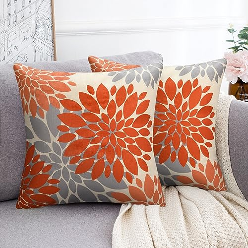 HomeStilez Deko Kissenbezug Orange Farbenen und Grauen Dahlien Elegant Kissenbezüge 50 x 50 cm Abstrakter Kissenhülle 2er Set Weicher Sofakissenbezüge für Sofa Büro Couch Thanksgiving
