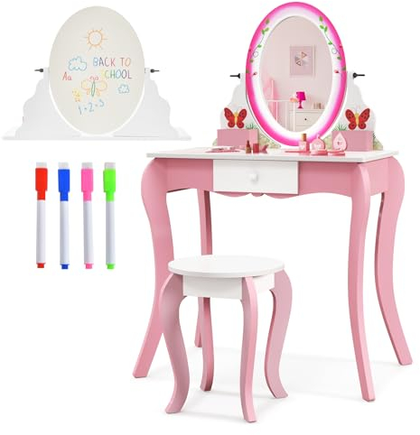 LIFEZEAL 3 in 1 Schminktisch Set für Kinder, Kinderschminktisch mit Abnehmbarem Spiegel & Hocker & Tafel, Frisiertisch aus Holz, Geschenk für Mädchen 3-7 Jahre Alt