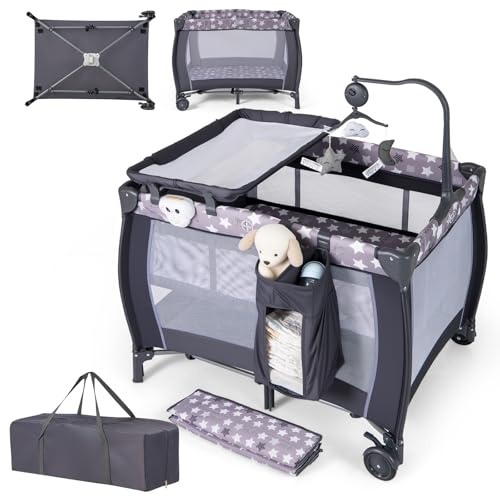 COSTWAY Cuna Bebe 3 en 1 con Cambiador de Pañales, Parque Infantil Portátil con Moisés Desmontable, Cuna de Viaje Plegable con Barra de Juguetes Giratoria, Colchón, Bolsa de Transporte (Natural)