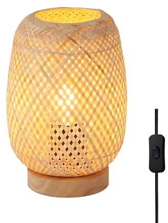 SUNLLOK Boho Nachttischlampe mit Holz Sockel, Retro Rattan Lampe Kleine Tischlampe für Schlafzimmer, Industrial Bambus Lampenschirml leselampe Tisch Lampen Deko für Wohnzimmer, Kinderzimmer, Büro