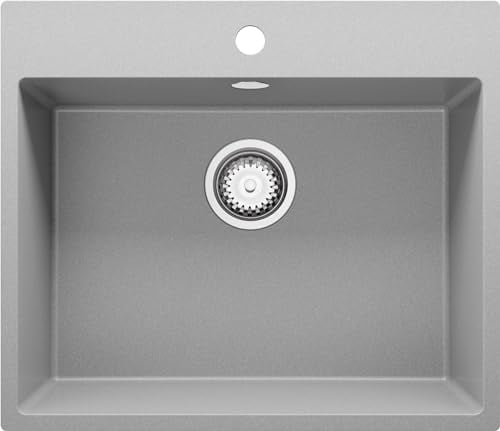 PRIMAGRAN Fregadero Cocina Gris 58x50cm, Granito 1 Seno + Sifón, Sobre encimera al mueble 60cm - Riga