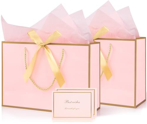 Medium Pink Gift Bag, 2pcs Present Bags with 4 Wrappers and 2 Cards, Paper Bags with Handles, Birthday Gift Bags Party Bags for Girls Valentines Bridesmaid Wedding (Pink-Gold) 20 x 10 x 28 cm