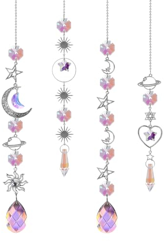 BDSHUNBF 4 PCS Sun Catchers, Crystal Suncatchers, Rainbow Suncatcher, Hanging Moon Star Sun Catchers, Wind Chimes for Window, Garden, Car, Office, Party, Wedding