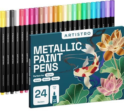 ARTISTRO 24 Metallic Markers, Fine Tip Acrylic Paint Pens with Metallic Ink, Pre-Activated, Perfect for Kids & Adults, Ideal for Black Paper, Rocks