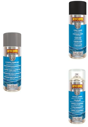 Hycote Double Acrylic High Build Aerosol Grey Plastic Primer, Matt Black Car Spray Paint, & Clear Lacquer