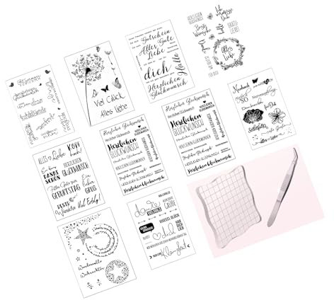 Silikonstempel Set Clear Stamps 12 Bögen Stempel Sprüche Deutsch Mit Stempelblock für Journal Weihnachten Geburtstag Scrapbooking Hochzeit Karten 12 Stile