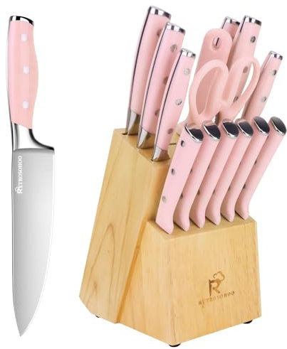 Messerset, 15-teiliges Messerblock Set mit Holzblock, Rosa Küchenmesser set,Erfonomische-Griff, Sharp Antihaft Beschichtete Kochmesser Block Set, Elegante Geschenke (15-Tlg)