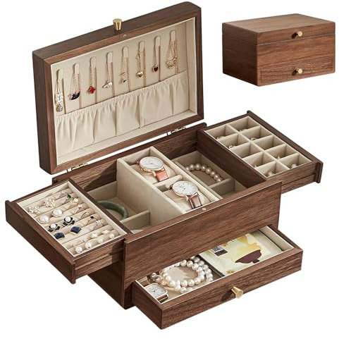 Baolivi Schmuckschatulle aus Holz Schmuckkasten klein für Damen, Massivholz Vintage Schmuckkästchen Schmuckbox mit Halskettenhalter, 3 Ebenen Schmuckaufbewahrung für Schmuck, Ohrringe, Armbanduhr