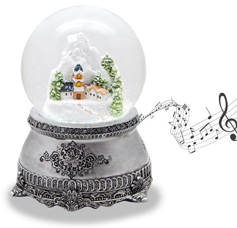 Schneekugel Bergdorf | Sockel Zinnoptik Ornamente | mit Spieluhr | Schüttelkugel Weihnachtsdekoration | B: 10 cm H: 14 cm | 20251