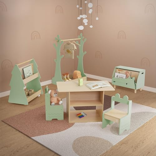 Joyz Set de Meubles pour Enfants en Bois, Table d'enfant avec 2 Chaises, Étagère à Livres Crocodile, Bibliothèque Enfants Sapin sur 4 roulettes, Portemanteau Arbre, Meubles Rangement Chambre d'enfant