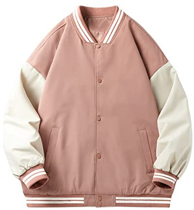 PODOLIXIA Veste universitaire pour homme Oldschool - Veste de sport Varsity - Bloc de couleurs - Veste de baseball Collegiate avec boutonnière - Col montant - Streetwear - Veste bomber, Rose, M