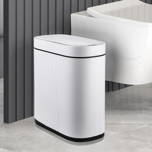 ELPHECO 2 Gallon Sensor Trash Can, 7.5L Automatic Waterproof Plastic Waste Bin for Bathroom Narrow Spaces, Office, Kitchen - Slim Space-Saving Design, White Black