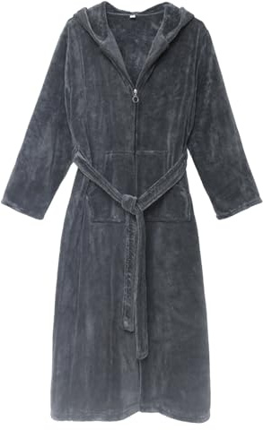DUHENWU Herren Bademantel Frottee Sauna Bademantel Mit Kapuze Weicher Flanell Langer Pyjama Kimono Morgenmantel Männer Bequeme Einfrabig Nachtwäsche Mit Reißverschluss Casual Taschen Robe