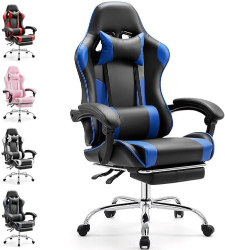 DUMOS Ergonomischer Gaming Stuhl mit Fußstütze Atmungsaktiver PC mit verstellbare Lendenkissen Kopfkissen und Armlehnen 150 kg Belastbarkeit Drehsessel
