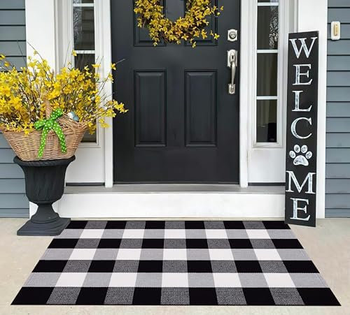 Buffalo Plaid Outdoor-Teppich, 70 x 100 cm, schwarz-weiß kariert, Baumwolle, maschinenwaschbar, Bauernhaus-Matte für Outdoor, Küche, Bauernhaus, Eingang, Badezimmer