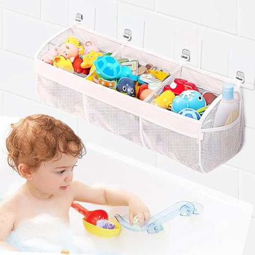 Badewannenspielzeug Aufbewahrungstasche - Badewannenspielzeug Mesh Tasche mit 3 Fächern für Badewanne, Badespielzeug Organizer, Aufbewahrung und Sortierung von Spielzeug Geeignet für bäder Spielzeug