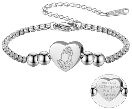 EUEAVAN Bracelet Versets Bibliques Chrétiennes Breloque Coeur Priant Bracelet Matthew 19:26 Avec Dieu Tout est Possible Bracelet Ajustable Cadeau de baptême Chrétien Femmes Hommes