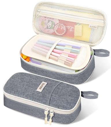 SUNEE Federmäppchen mit großer Kapazität, Ästhetische Mäppchen mit Fächern und Griff, Tragbare Federtasche und Federmappe für Schule, Büro, Mädchen, Jungen, Teenager & Erwachsene, Grau
