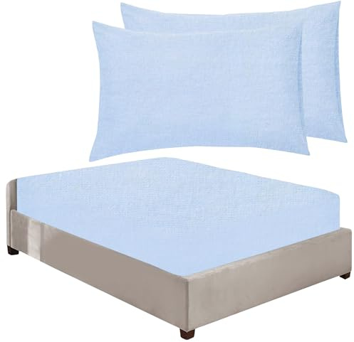 100% Brushed Cotton Flannelette 40CM/16 Extra Deep Fitted Sheets in 12 Colours (Sky Blue, Super King + Pillowcase Pair)