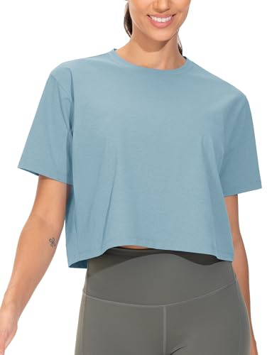 THE GYM PEOPLE Sport Crop Top Damen Kurzarm Lockeres Yoga Shirts Atmungsaktives Bauchfrei Oberteil Basic Fitness Sportshirt