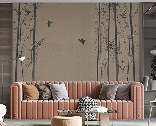Papier Peint Intissé Bambou Oiseau Chinois Poster Tableaux Muraux Tapisserie Photo Trompe L'Oeil Salon Chambre Art Mural 400Cm(L) X280Cm(H)
