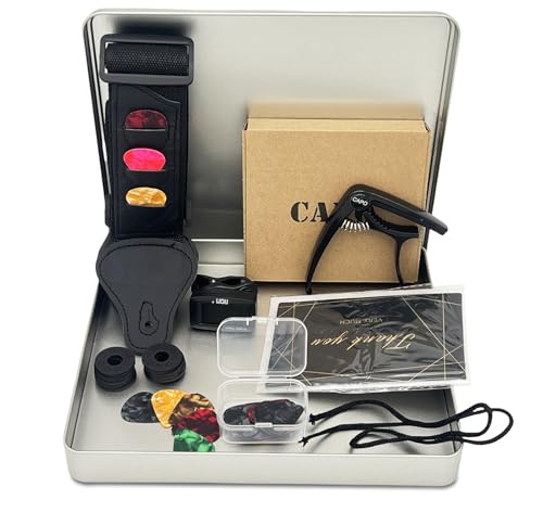 VINPAM Guitar Accessories Kit – Premium Metal Tin Gift Set for Guitarists | Includes Guitar Strap, Clip-On Tuner, Strap Locks,Capo & Picks | Compatible with Acoustic, Bass, Electric & Ukulele