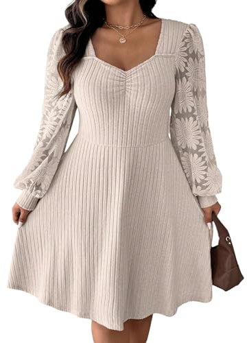 SweatyRocks Damen Curvy Strickkleid Elegant Pulloverkleid Übergröße Kleid mit Spitzen Minikleid Herzausschnitt A-Linie Herbstkleid Lanagrm Kleider
